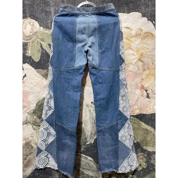 NEW Free People My Element Patcheork Wide Crochet Flare Leg Jeans Size 25 - Picture 4 of 6